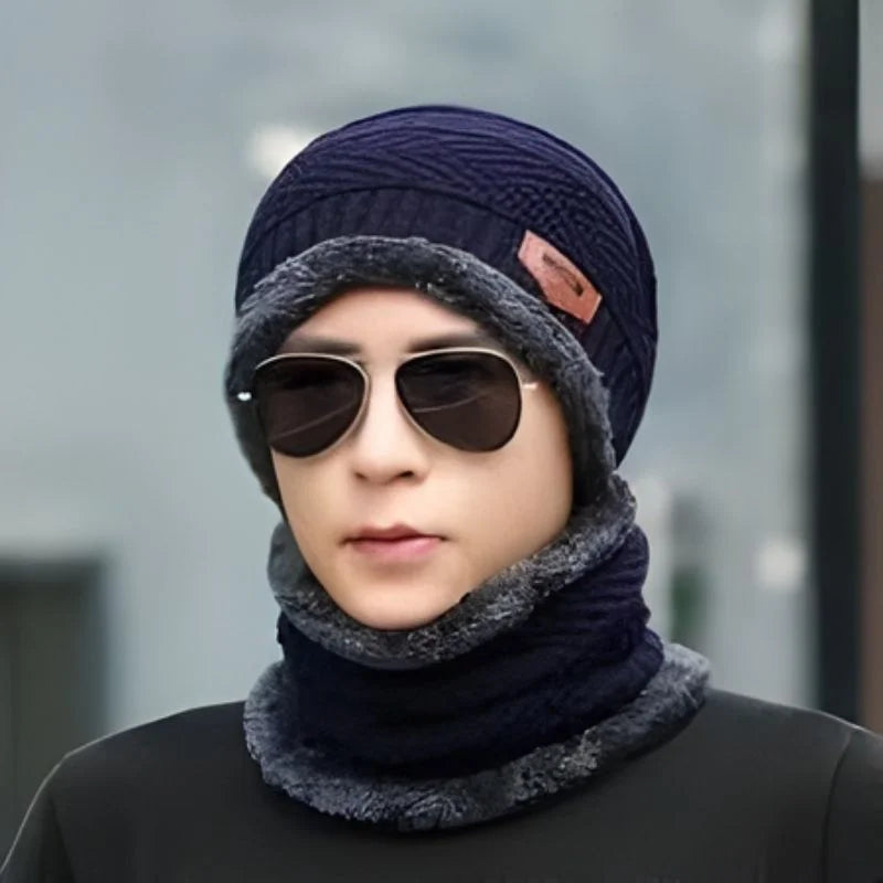 Winter Wool Cap with Neck Warmer Set | Thermal Beanie & Scarf Combo for Men and Women | Blue And Gray